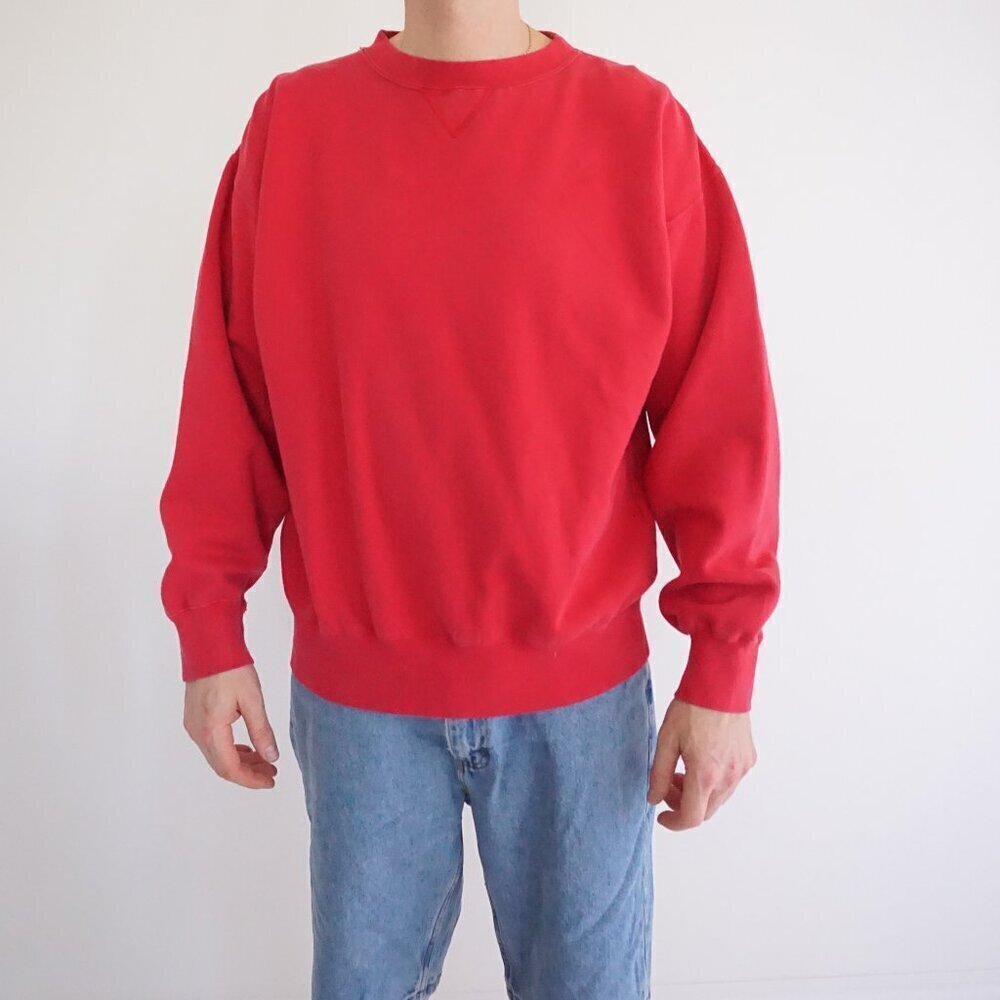 Vintage '90S Basic Three Premium Fleece Red Blank Cotton Crewneck Sweater L